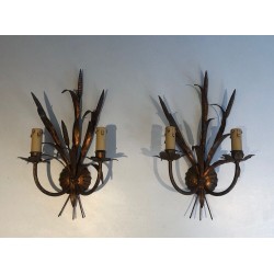 Pair of Gilt Metal Wheat Sheaf Wall Sconces, in the Style of Coco Channel