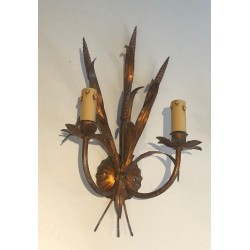 Pair of Gilt Metal Wheat Sheaf Wall Sconces, in the Style of Coco Channel