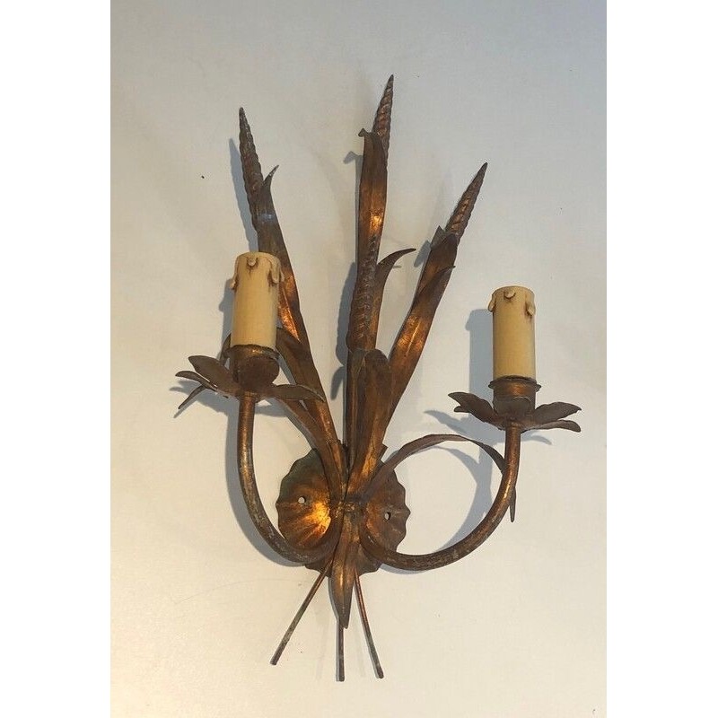 Pair of Gilt Metal Wheat Sheaf Wall Sconces, in the Style of Coco Channel