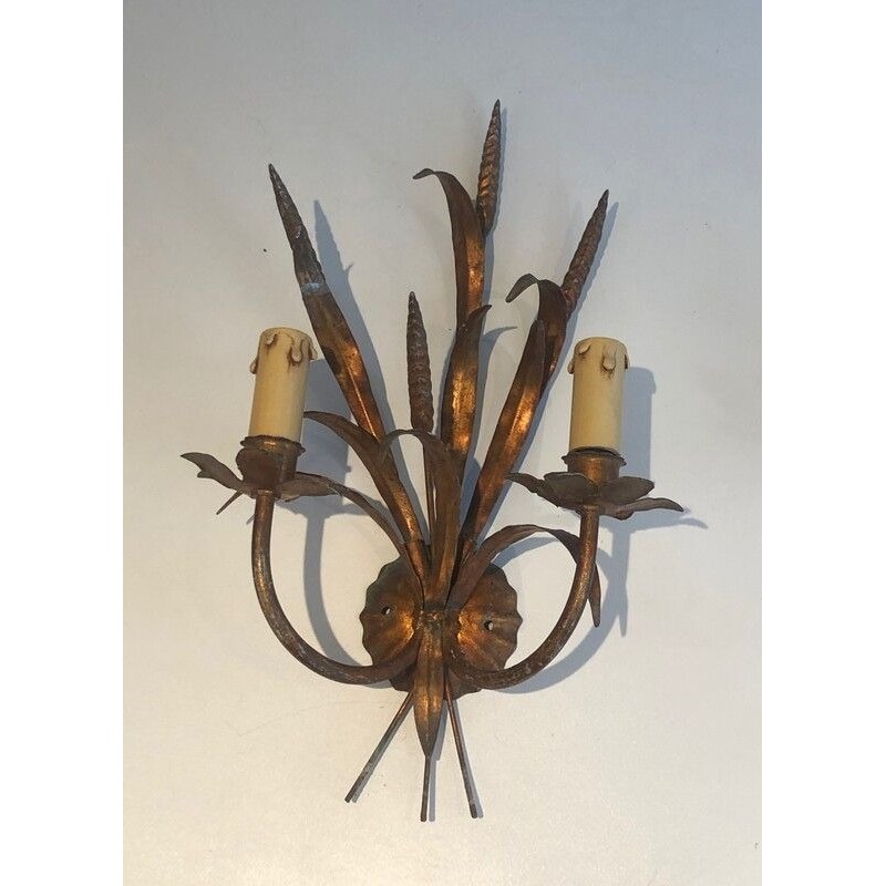 Pair of Gilt Metal Wheat Sheaf Wall Sconces, in the Style of Coco Channel