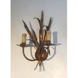 Pair of Gilt Metal Wheat Sheaf Wall Sconces, in the Style of Coco Channel