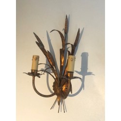 Pair of Gilt Metal Wheat Sheaf Wall Sconces, in the Style of Coco Channel