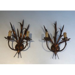 Pair of Gilt Metal Wheat Sheaf Wall Sconces, in the Style of Coco Channel