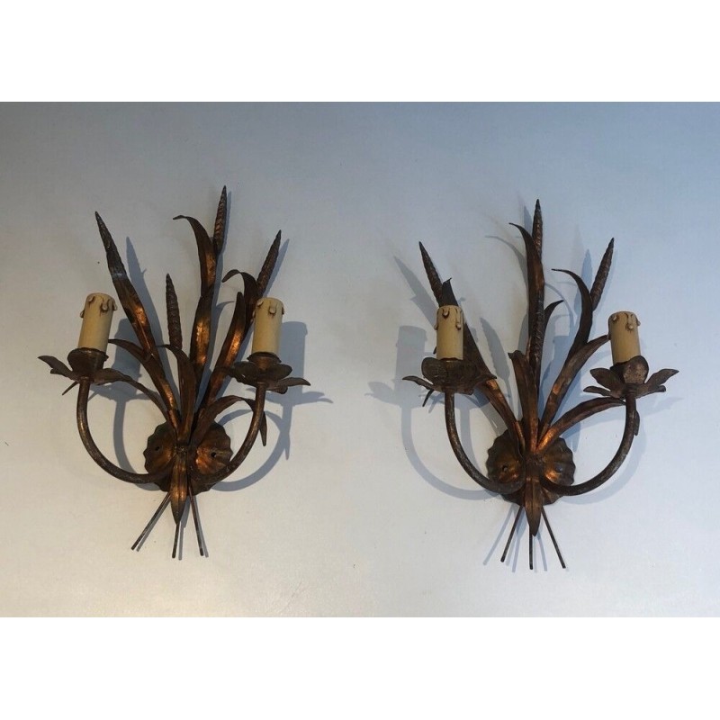 Pair of Gilt Metal Wheat Sheaf Wall Sconces, in the Style of Coco Channel