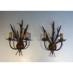 Pair of Gilt Metal Wheat Sheaf Wall Sconces, in the Style of Coco Channel