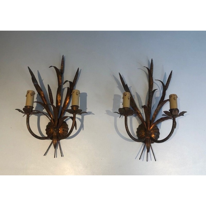 Pair of Gilt Metal Wheat Sheaf Wall Sconces, in the Style of Coco Channel