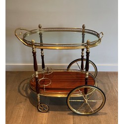 Neoclassical Oval Brass and Mahogany Drinks Trolley with Removable Trays by Maison Baguès