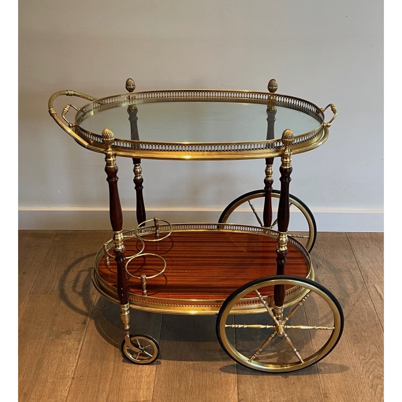 Neoclassical Oval Brass and Mahogany Drinks Trolley with Removable Trays by Maison Baguès