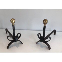 Pair of Wrought Iron and Brass Andirons