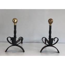 Pair of Wrought Iron and Brass Andirons