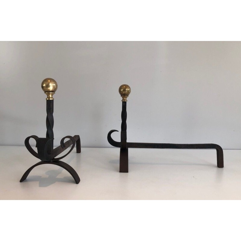 Paire de Chenets en Fer Forgé et Laiton