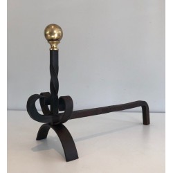 Paire de Chenets en Fer Forgé et Laiton