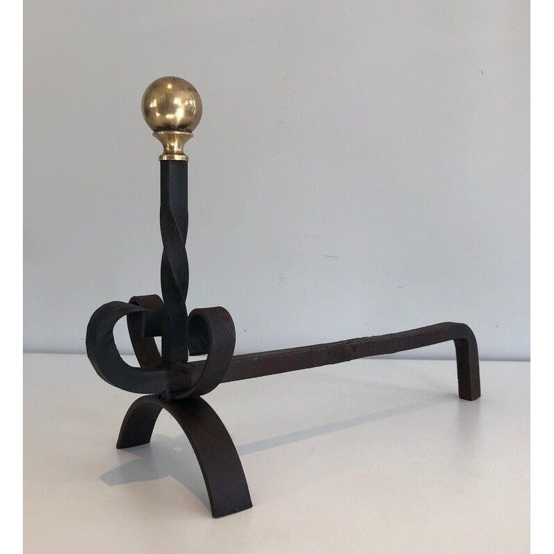 Pair of Wrought Iron and Brass Andirons