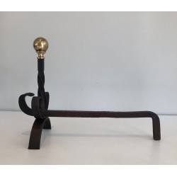 Pair of Wrought Iron and Brass Andirons