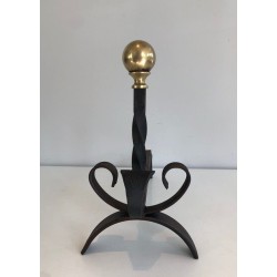 Pair of Wrought Iron and Brass Andirons