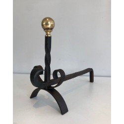 Paire de Chenets en Fer Forgé et Laiton