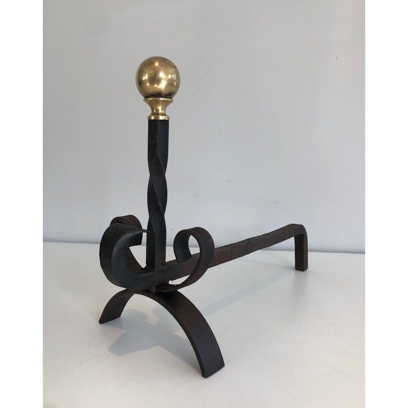 Pair of Wrought Iron and Brass Andirons