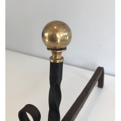 Paire de Chenets en Fer Forgé et Laiton