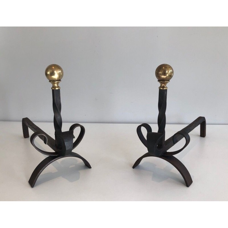 Pair of Wrought Iron and Brass Andirons