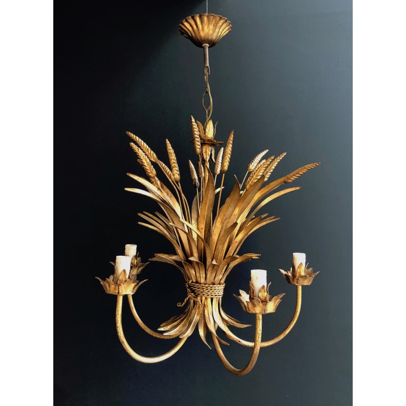Gilt Metal Wheat Sheaf Chandelier, in the Style of Coco Channel