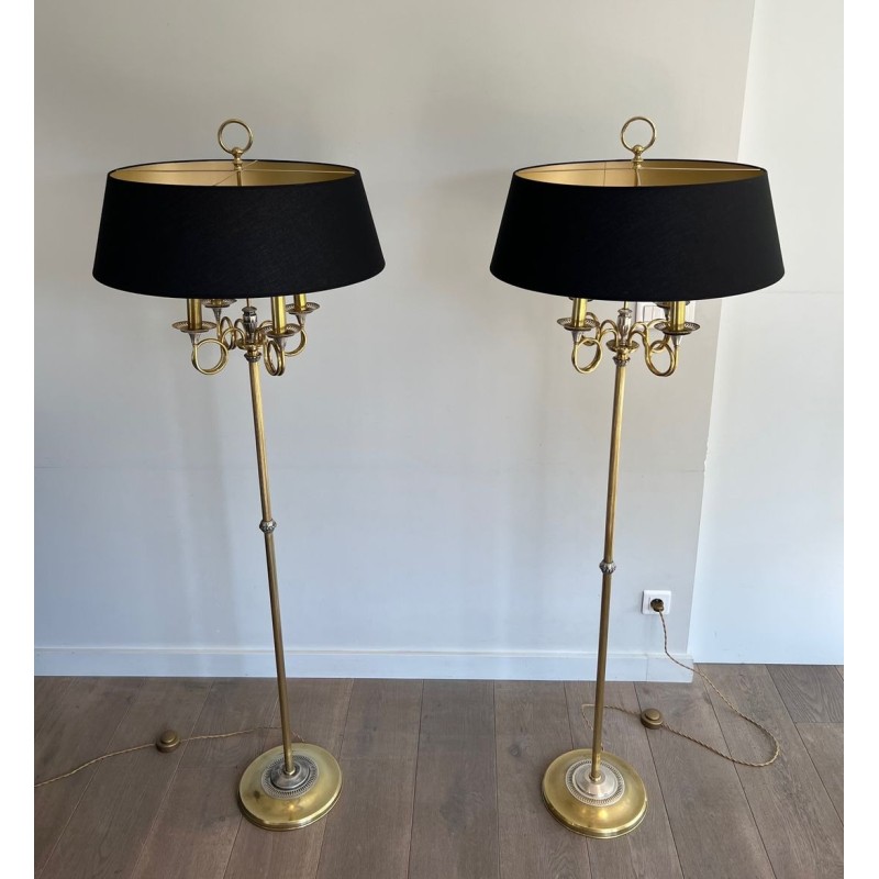 Paire de Lampadaires de Parquet en Acier Brossé et Laiton. Dans le goût de la Maison Charles