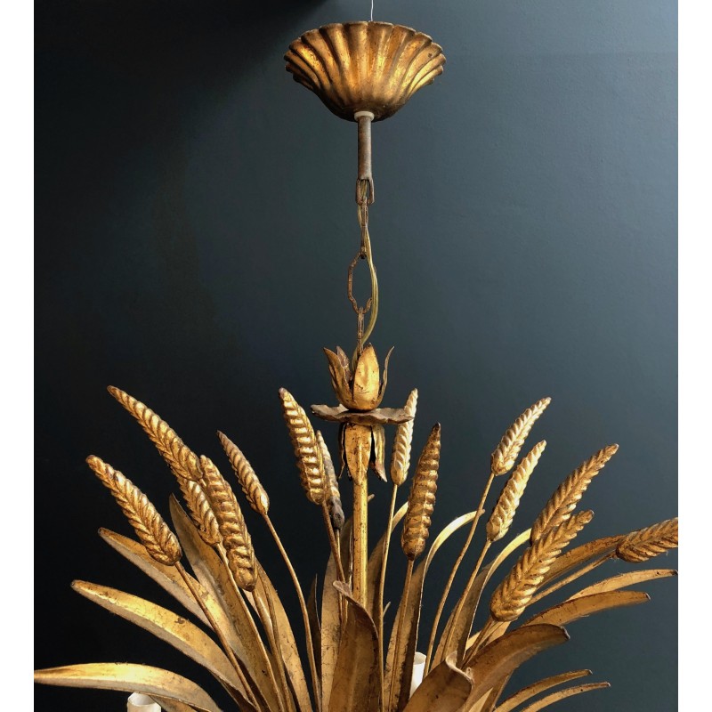 Gilt Metal Wheat Sheaf Chandelier, in the Style of Coco Channel