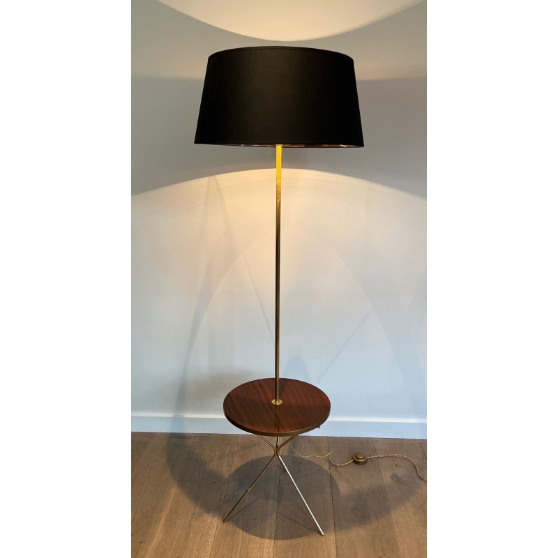 Neoclassical Brass and Mahogany Floor Lamp with Shelf, Style Maison Jansen, circa 1940