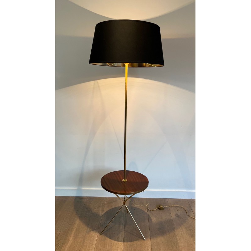 Lampadaire Néoclassique Laiton et Acajou avec Étagère, Style Maison Jansen, vers 1940