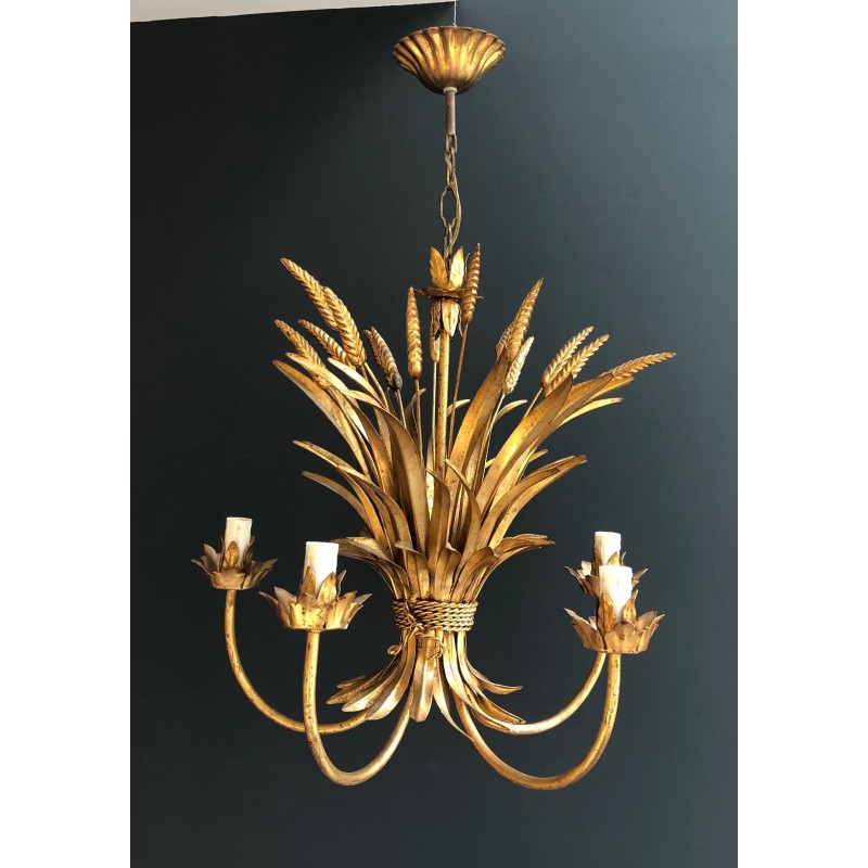Gilt Metal Wheat Sheaf Chandelier, in the Style of Coco Channel