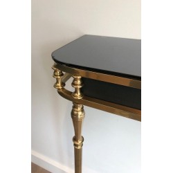 Neoclassical Style Brass and Lacquered Metal Console with Blueish Glass Decorated with Palm Leaves