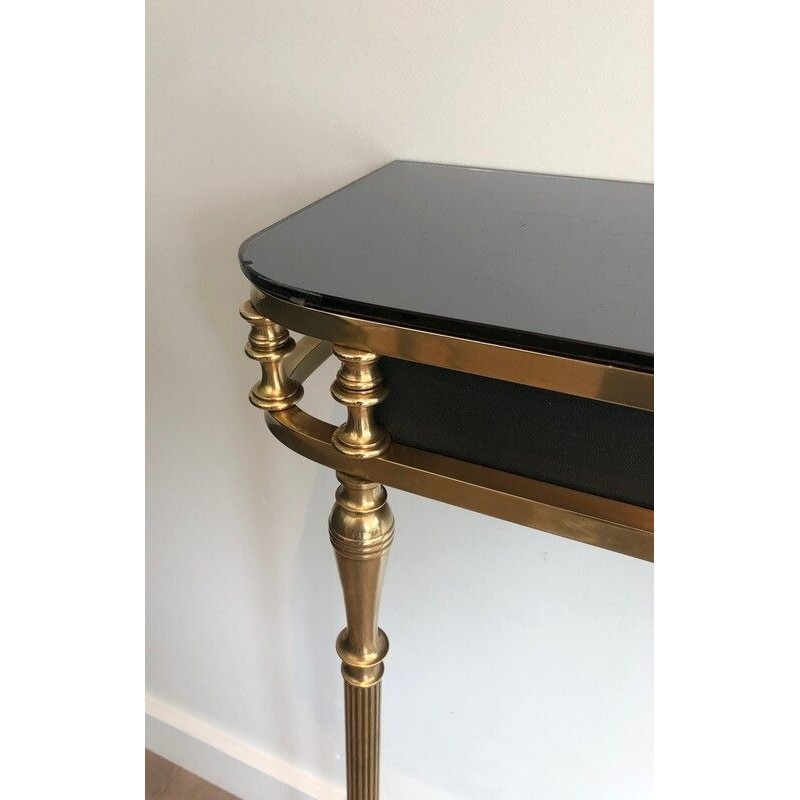 Neoclassical Style Brass and Lacquered Metal Console with Blueish Glass Decorated with Palm Leaves