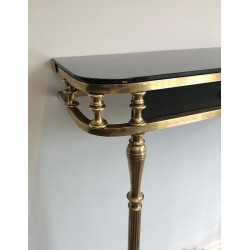 Neoclassical Style Brass and Lacquered Metal Console with Blueish Glass Decorated with Palm Leaves