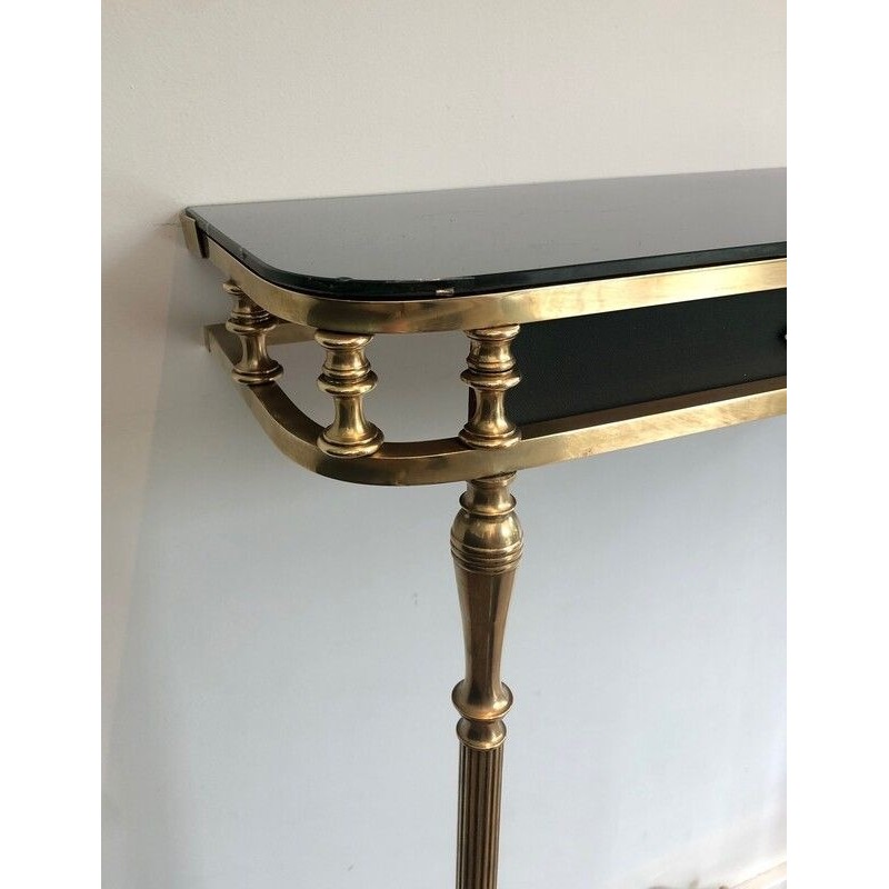 Neoclassical Style Brass and Lacquered Metal Console with Blueish Glass Decorated with Palm Leaves