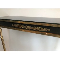 Neoclassical Style Brass and Lacquered Metal Console with Blueish Glass Decorated with Palm Leaves
