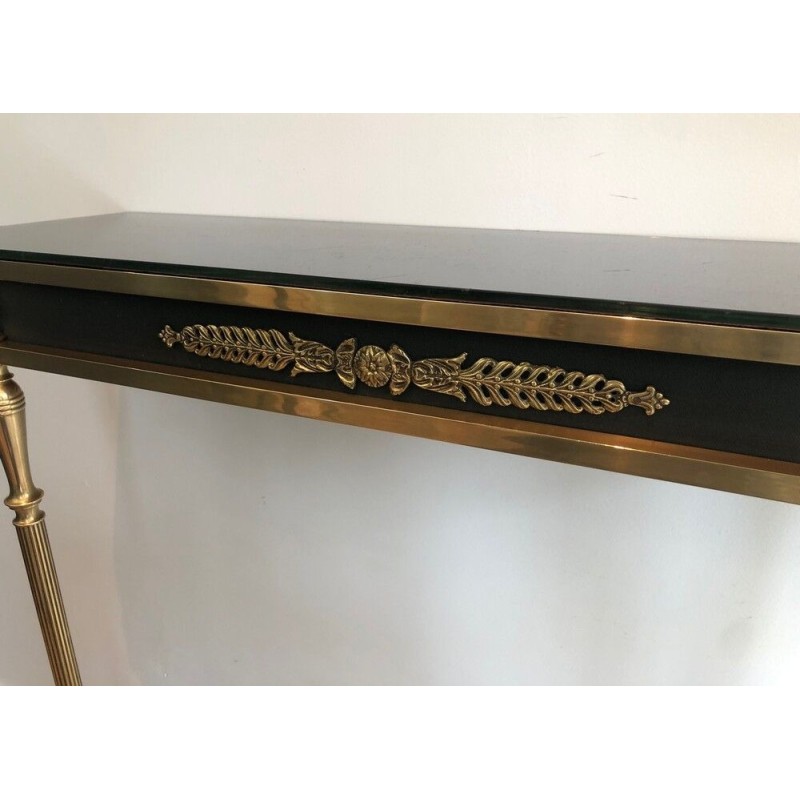 Neoclassical Style Brass and Lacquered Metal Console with Blueish Glass Decorated with Palm Leaves