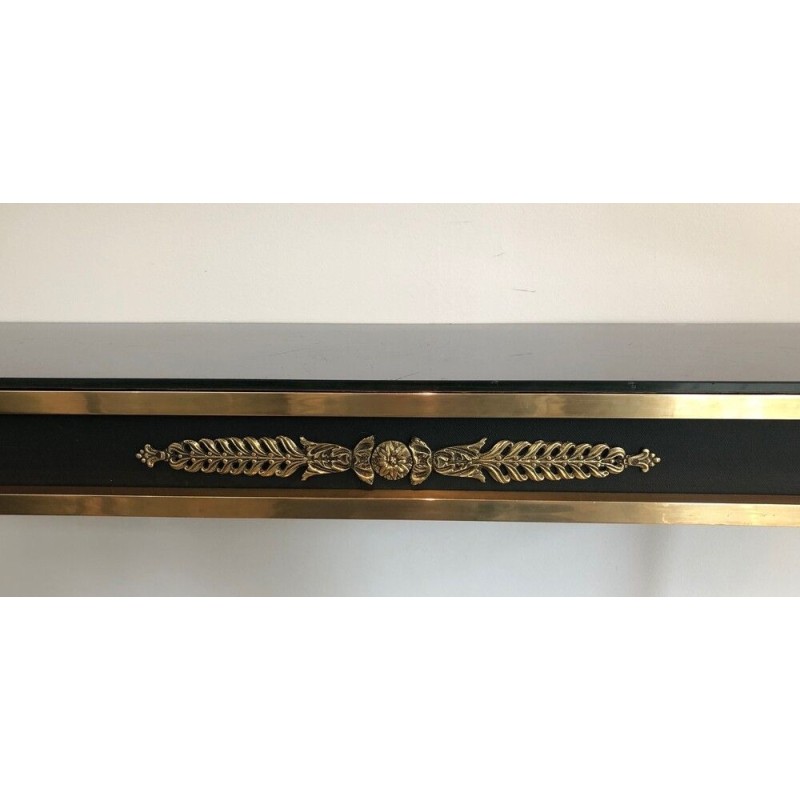Neoclassical Style Brass and Lacquered Metal Console with Blueish Glass Decorated with Palm Leaves