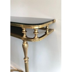 Neoclassical Style Brass and Lacquered Metal Console with Blueish Glass Decorated with Palm Leaves