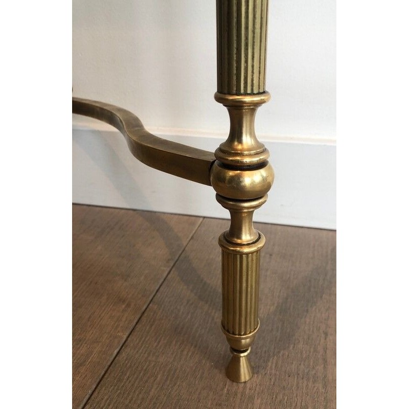 Neoclassical Style Brass and Lacquered Metal Console with Blueish Glass Decorated with Palm Leaves