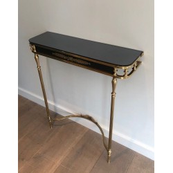 Neoclassical Style Brass and Lacquered Metal Console with Blueish Glass Decorated with Palm Leaves