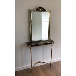 Neoclassical Style Brass and Lacquered Metal Console and Mirror Decorated with Palm Leaves and Swan Necks
