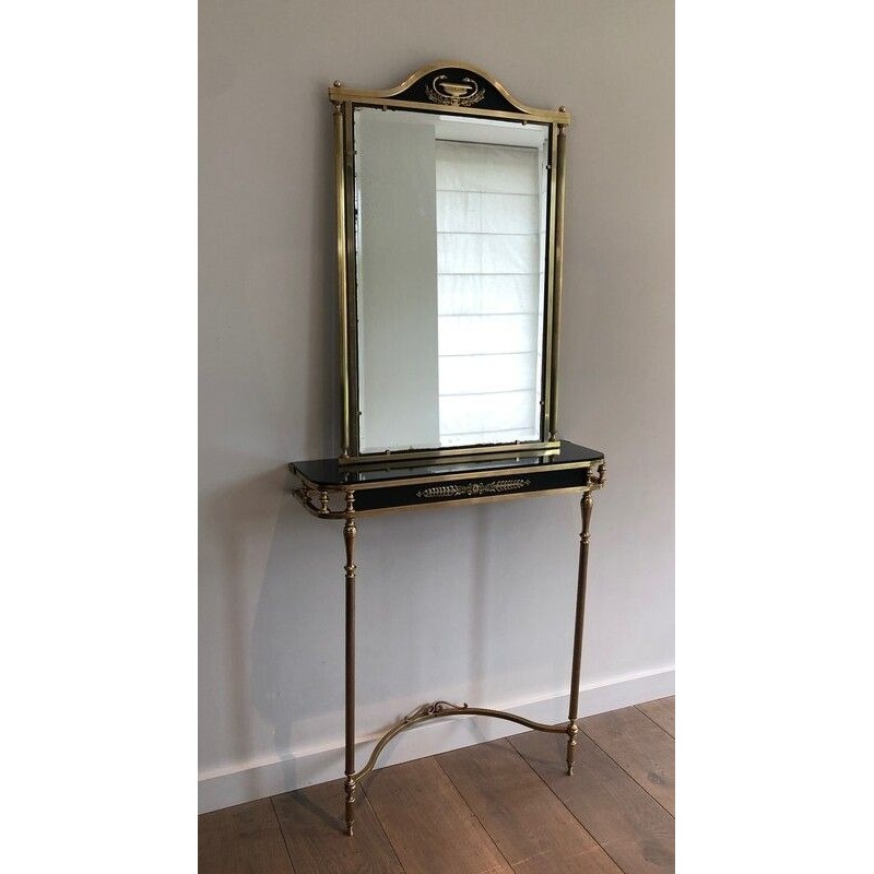 Neoclassical Style Brass and Lacquered Metal Console and Mirror Decorated with Palm Leaves and Swan Necks