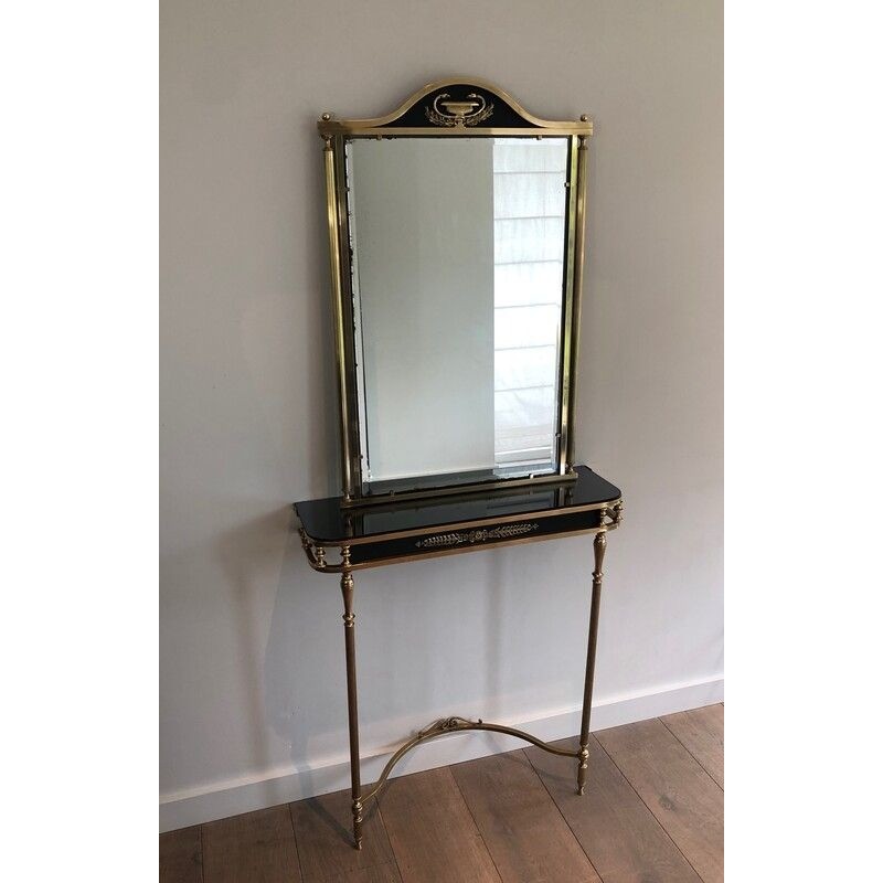 Console et Miroir de Style Néoclassique en Laiton et Tôle Laquée à Décors De Palmettes et Cols de Cygnes