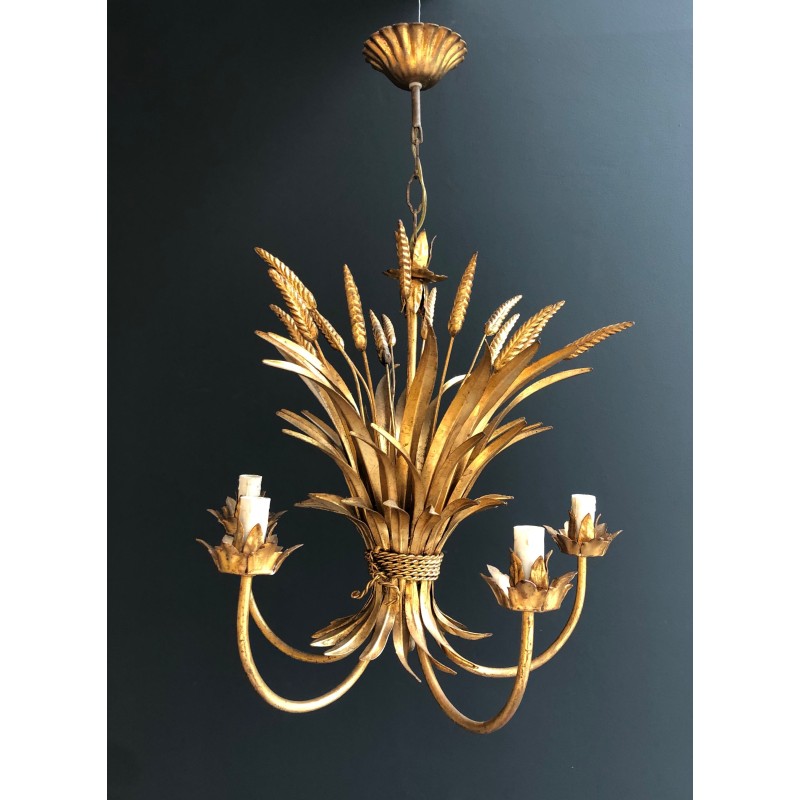 Gilt Metal Wheat Sheaf Chandelier, in the Style of Coco Channel