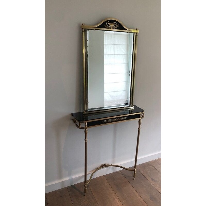 Console et Miroir de Style Néoclassique en Laiton et Tôle Laquée à Décors De Palmettes et Cols de Cygnes