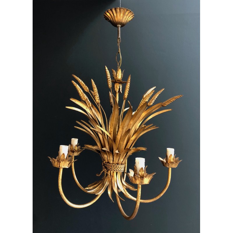 Gilt Metal Wheat Sheaf Chandelier, in the Style of Coco Channel