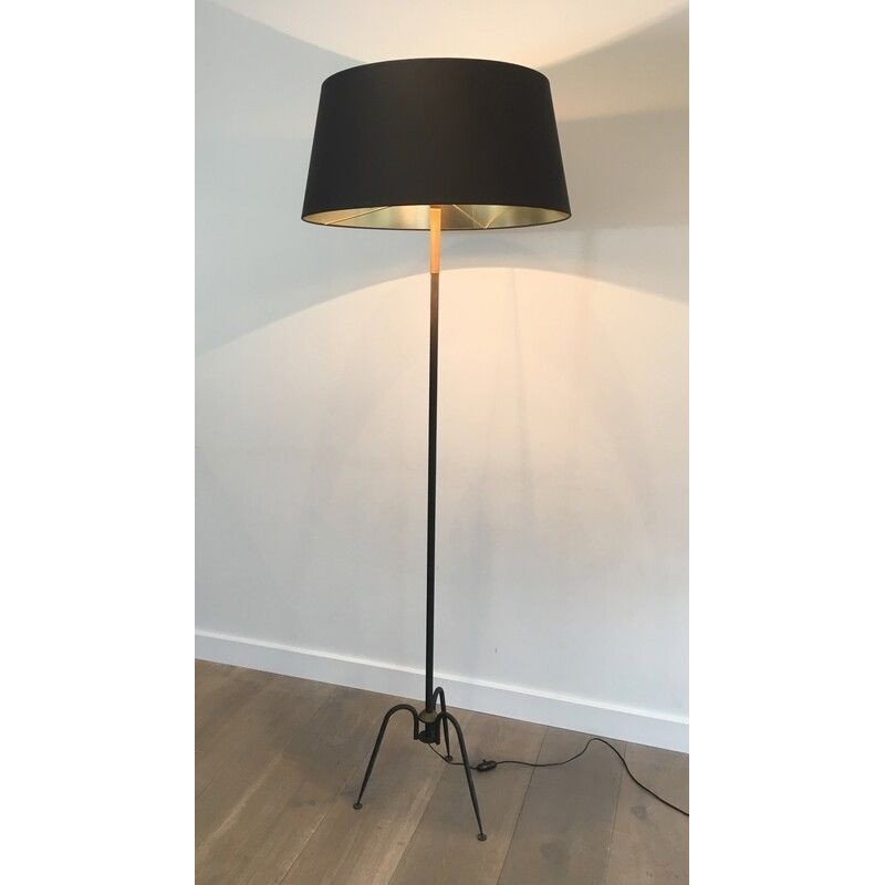 Black Lacquered and Brass Floor Lamp by Lunel