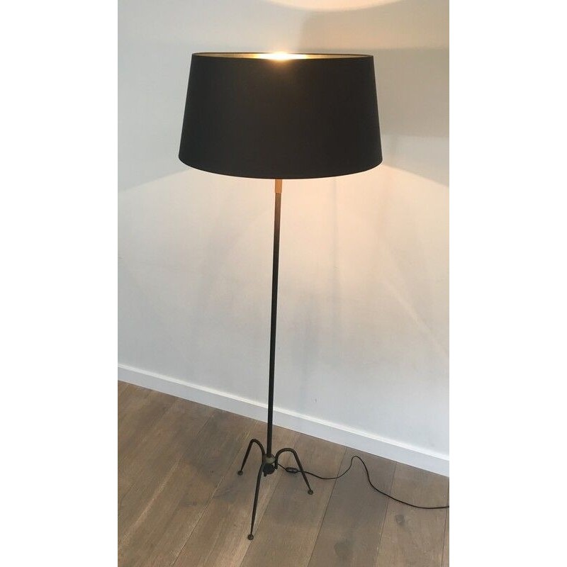 Black Lacquered and Brass Floor Lamp by Lunel