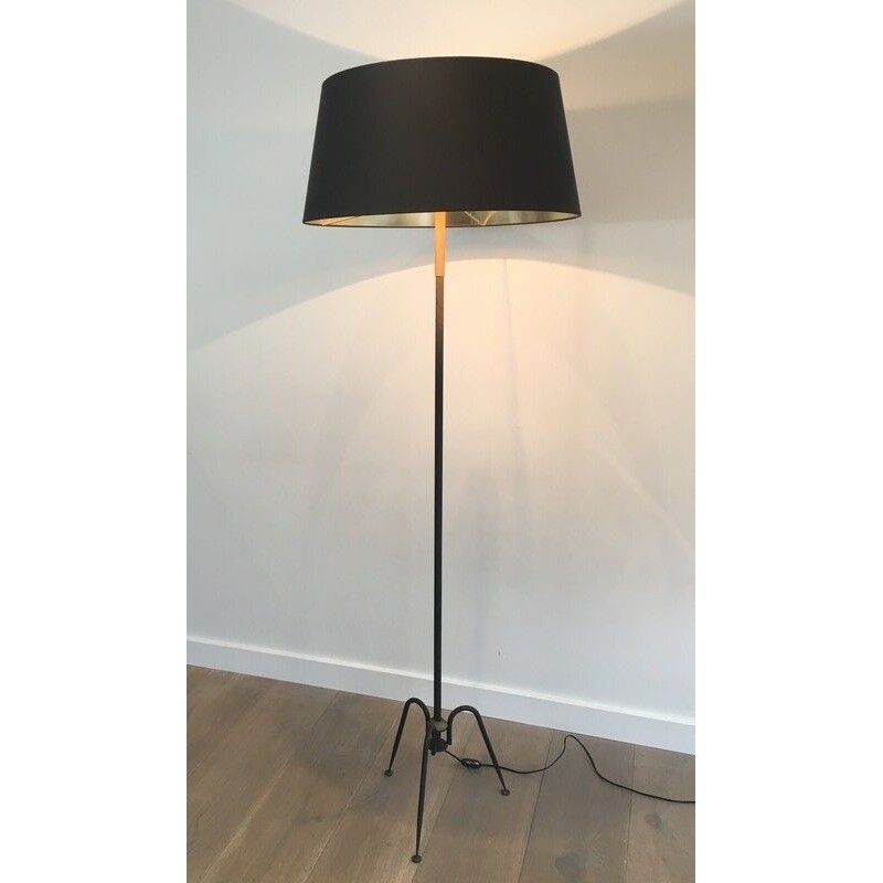 Black Lacquered and Brass Floor Lamp by Lunel