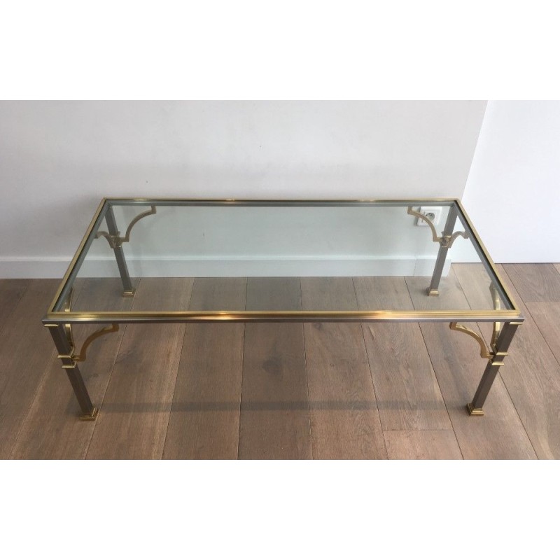Table Basse en Acier Brossé et Laiton. Dans le Goût de la Maison Jansen