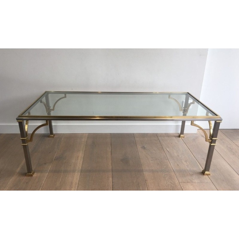 Table Basse en Acier Brossé et Laiton. Dans le Goût de la Maison Jansen